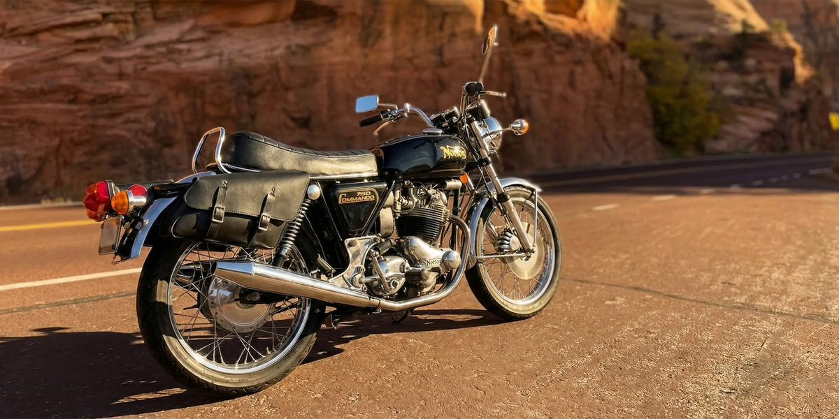 Handmade USA-made leather saddlebags designed to fit Norton Commando and classic Norton motorcycles.