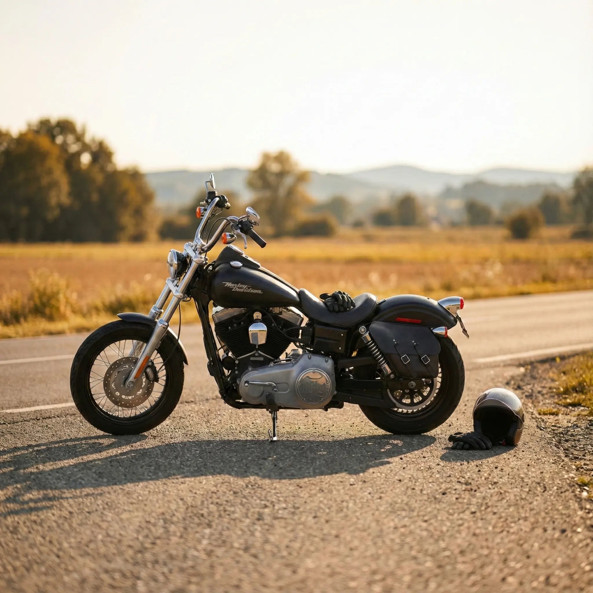 Motorcycle on a road with a helmet beside it, set against a scenic background.
