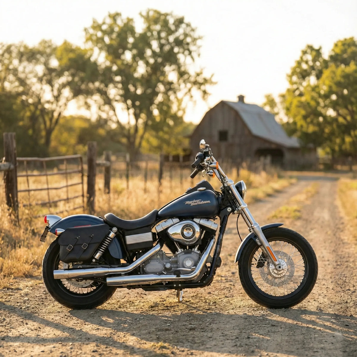 Motorcycle parked on a dirt road with a barn and trees in the background