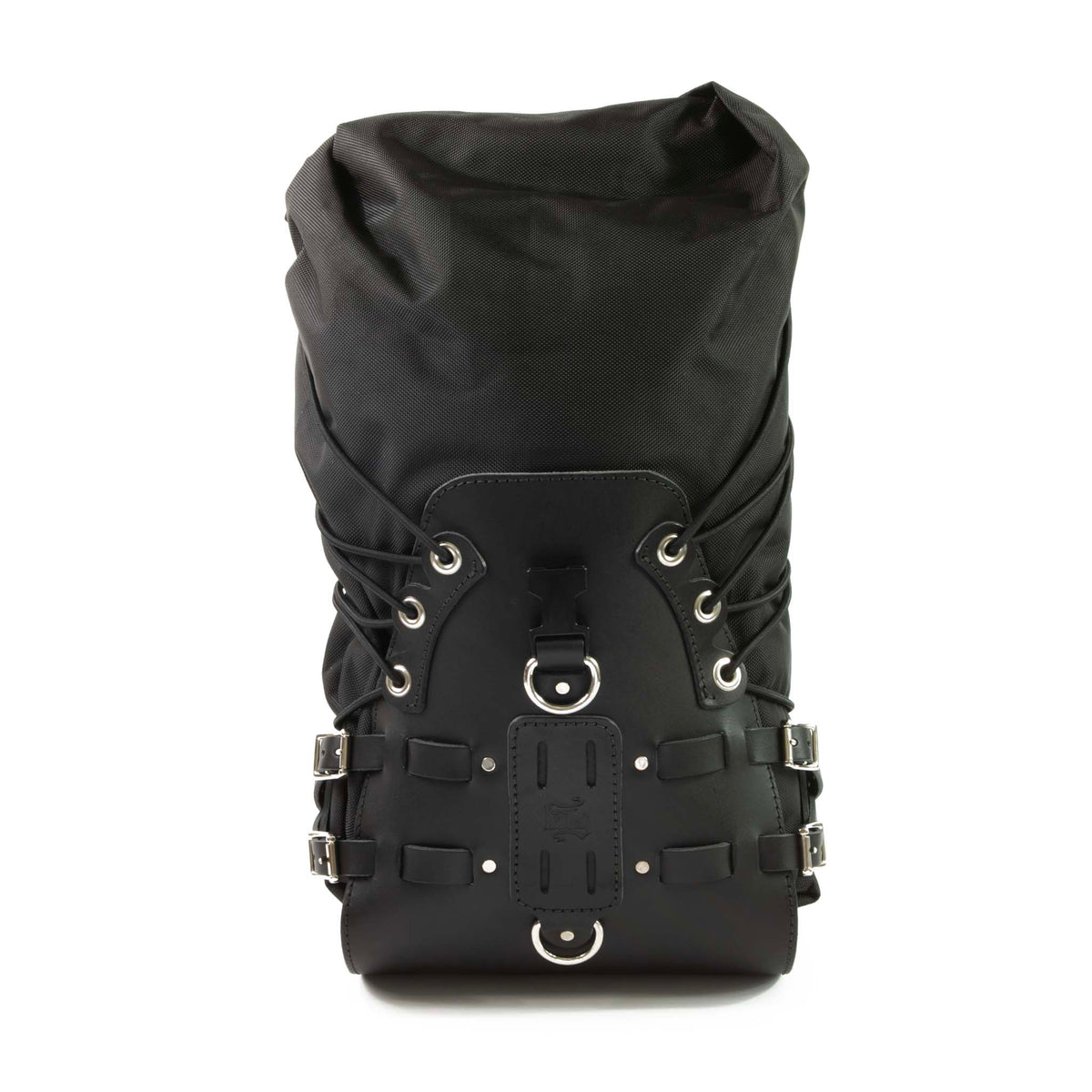 Side angle showing dual roll-top closures with quick-release clips