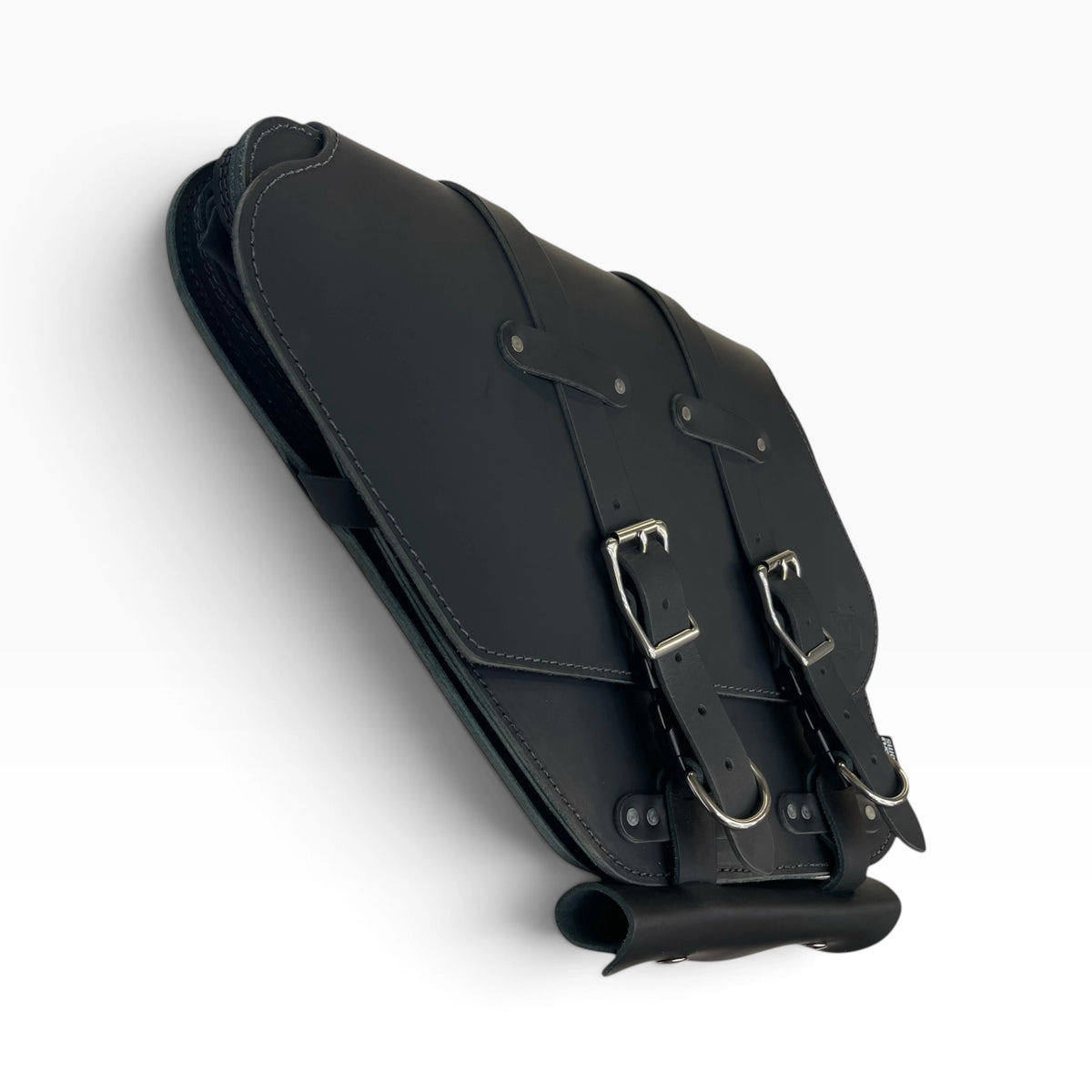 Black leather saddle bag with adjustable buckle straps and silver metal hardware, shown on a clean white background.