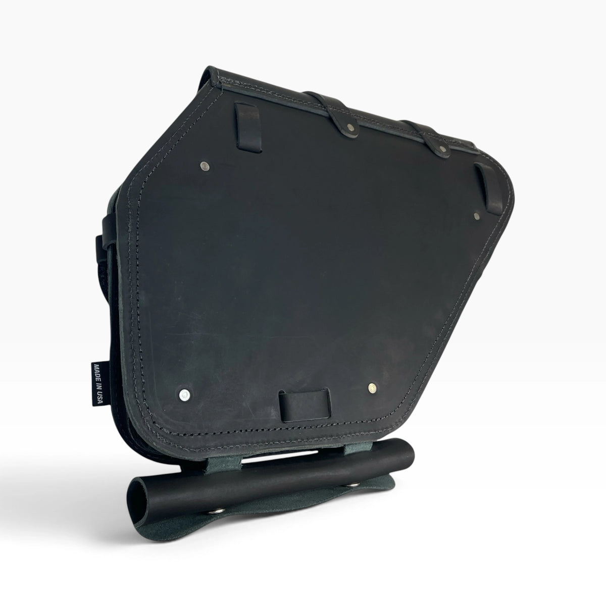 Black leather saddle bag with adjustable buckle straps and silver metal hardware, shown on a clean white background.