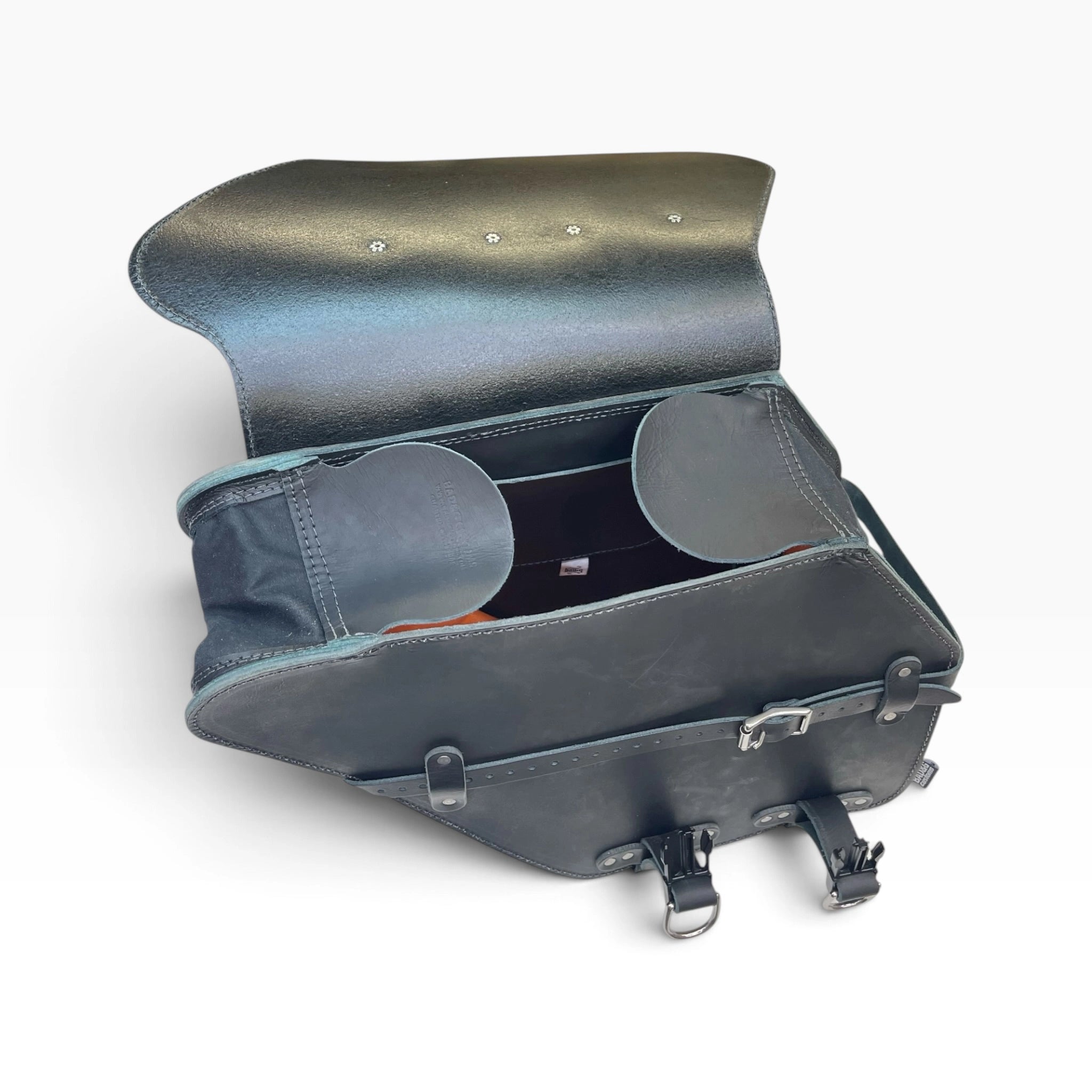 Black leather saddle bag with adjustable buckle straps and silver metal hardware, shown on a clean white background.