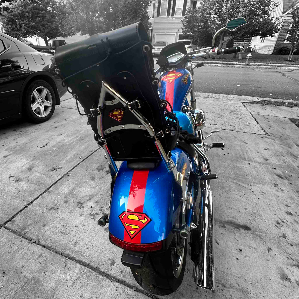 Rear view on Honda Fury—bag centered and strapped to sissy bar