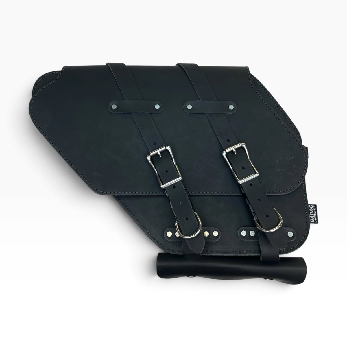 Black leather saddle bag with adjustable buckle straps and silver metal hardware, shown on a clean white background.