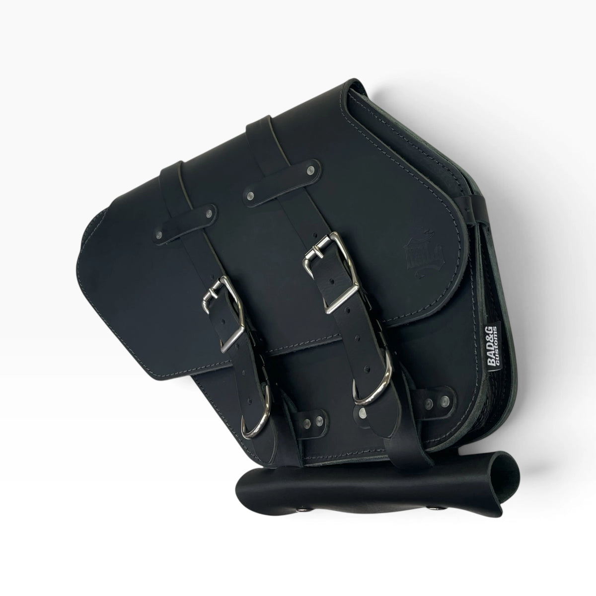 Black leather saddle bag with adjustable buckle straps and silver metal hardware, shown on a clean white background.