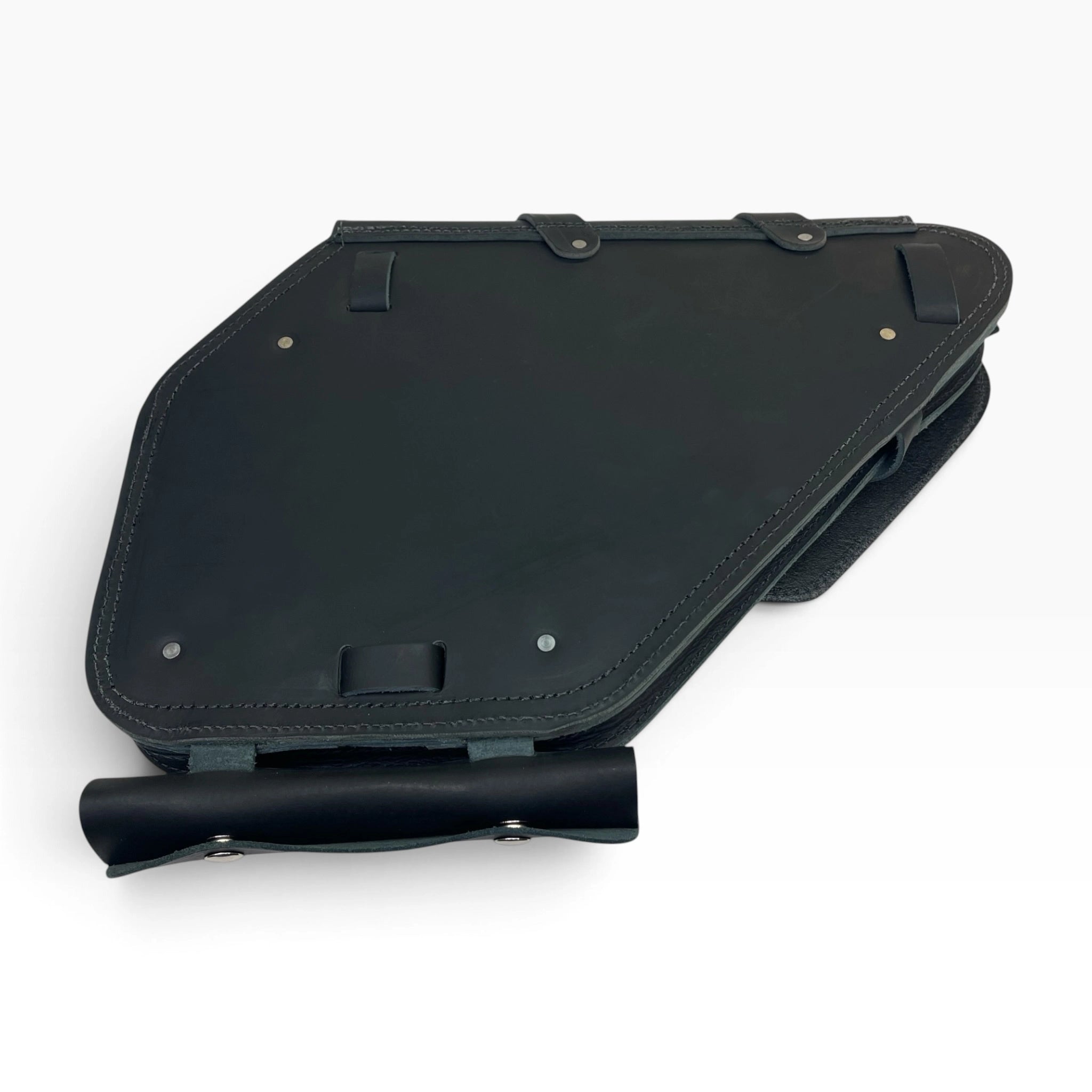 Black leather saddlebag with a roll-top closure and metal rivets, shown on a clean white background.