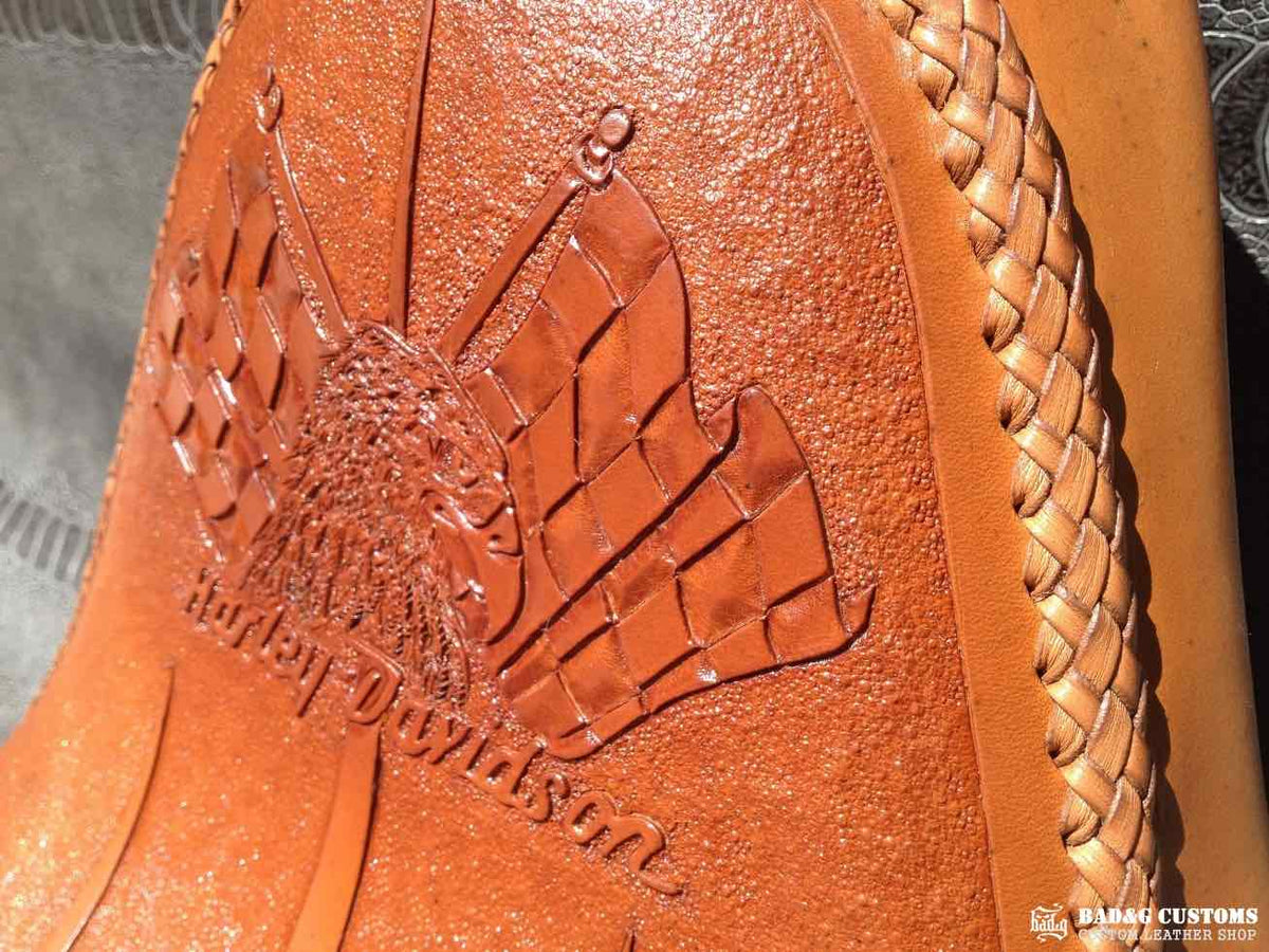 Custom Hand-Tooled Leather Solo Seat w/ Kangaroo Lace | Harley Softail