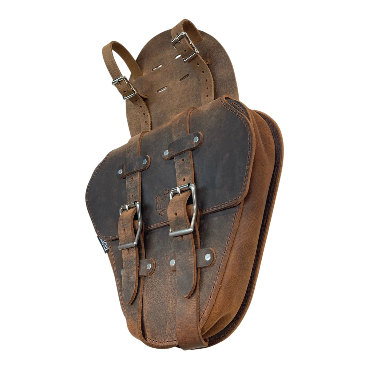 Brown leather saddlebag on a white background
