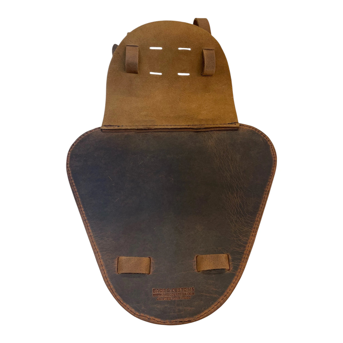 Brown leather saddle pad on a white background
